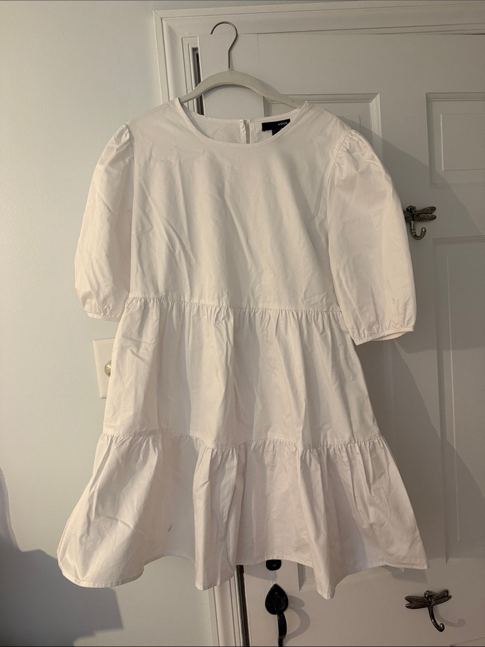 Aqua White Tiered Puff Sleeve Dress with pockets